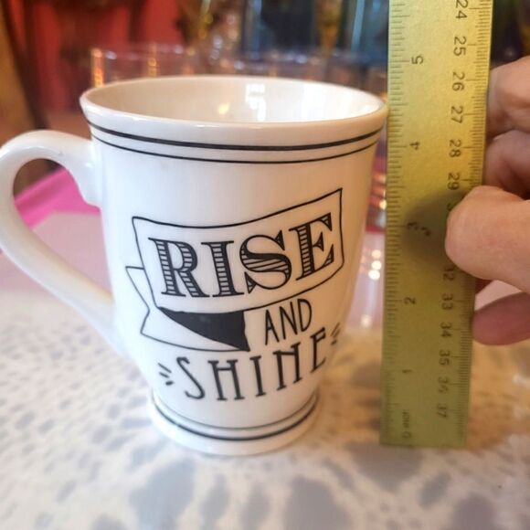 New Mud Pie "Rise and Shine" Ceramic Coffee Mug White w/Black Accent holds 14 oz - Picture 2 of 4